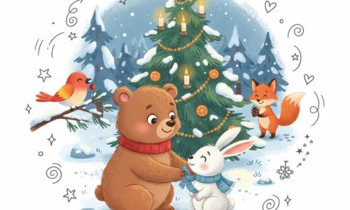 A chubby, smiling brown bear (main character) with textured fur and a small red scarf crouches, kindly offering a paw to help a white long-eared rabbit (secondary) wearing a blue scarf, relieved and grateful, as the bear unties a knot; a red-and-yellow bird perches on a left branch, bright-feathered and happy, holding a berry the bear has freed, while a small russet fox with a wagging tail stands in the background holding a pine cone gift, ready to go right; the scene is a snowy twilight clearing with snow-covered pines, animal tracks, dried orange garlands and safely placed candles on a large decorated central fir, warm and cool colors (soft blues, cream whites, touches of red and orange), felt-like textures and golden candlelight creating soft shadows, a cozy, centered composition with clear expressions and simple shapes suitable for toddlers.