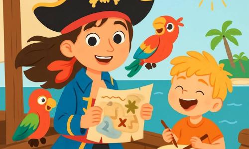 A young pirate woman, Captain Mira, smiling and determined, stands on the deck of her ship. She has long brown hair blowing in the wind, a pirate hat adorned with a colorful feather, and a scarf tied around her neck. Her eyes shine with excitement as she holds a treasure map in her hands. Next to her, Pip, a brightly colored red and green parrot, perches on her shoulder, chirping happily. Max, a ten-year-old boy with messy blonde hair, plays a wooden drum while sitting on the edge of the boat, laughing and keeping the beat enthusiastically. The boat sails on a calm sea, where gentle waves shimmer under the golden sun. In the background, lush islands outline the horizon, with dancing palm trees. The main scene shows Captain Mira and her crew in the midst of an adventure, ready to explore hidden treasure, surrounded by laughter and joy, with the wind blowing through their hair.