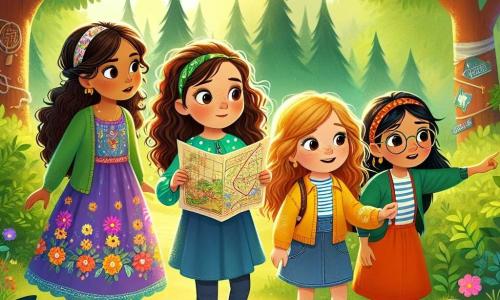 En un claro de un bosque encantado, cuatro chicas están de pie, listas para la aventura. Sofía, de 10 años con cabello rizado y castaño, lleva un vestido colorido con flores y sostiene un mapa antiguo. Lucía, también de 10 años, tiene cabello rubio y gafas redondas, viste una camiseta amarilla y observa el paisaje con emoción. Marina, de 9 años con cabello liso y negro, lleva un overol de mezclilla y mira a su alrededor con curiosidad. Clara, la más intrépida, tiene 11 años, cabello rojo y una trenza, viste una sudadera verde y señala un camino misterioso entre los árboles. El lugar es un claro luminoso con grandes árboles y flores de colores. En el centro, las chicas están frente a un gran árbol majestuoso, donde un dragón de escamas brillantes las observa con amabilidad, listo para revelarles el secreto del valioso huevo dorado que buscan.
