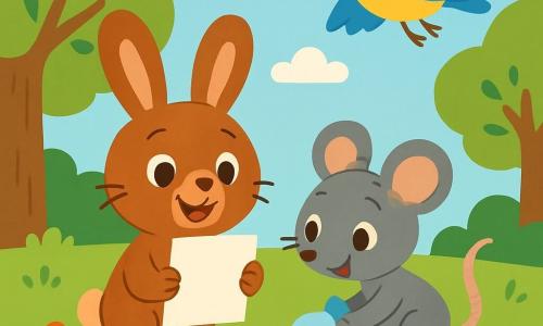 Ein kleiner Hase namens Leo mit großen Ohren und weichem, braunem Fell ist fröhlich und entschlossen. Er hält ein Stück Papier in seinen Vorderpfoten und lächelt stolz. Neben ihm sammelt eine kleine Maus namens Lina mit grauem Fell und neugierigen Augen eine Plastikflasche auf und zeigt einen begeisterten Gesichtsausdruck. Ein bunter Vogel, Pia, mit gelben und blauen Federn, fliegt über ihnen und singt fröhlich, mit freudig ausgebreiteten Flügeln. Der Ort ist ein grüner Park mit großen Bäumen, bunten Blumen, die im Wind tanzen, und einem hellblauen Himmel mit flauschigen weißen Wolken. Auf dem Boden sorgen frisches Gras und kleine Steine für Textur. Die Hauptsituation zeigt Leo, Lina und Pia, die gemeinsam den Park sauber machen, Müll aufsammeln und dabei lächeln, umgeben von der Schönheit der Natur und der Bedeutung des Umweltschutzes.