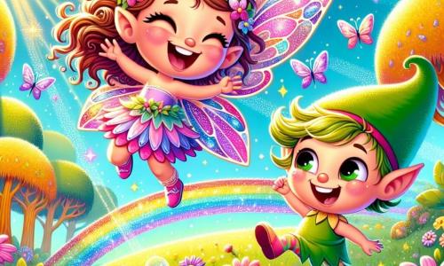 Una piccola fata di nome Lilla, con ali scintillanti nei colori vivaci di rosa e viola, esprime una gioia éclatante sul suo viso. Vola felicemente sopra un campo di fiori multicolori, con i suoi capelli ricci che fluttuano nel vento. Accanto a lei, un piccolo folletto di nome Piumino, indossando un cappello a punta verde e un sorriso malizioso, salta di gioia, con gli occhi scintillanti di felicità. Lo sfondo è un magnifico boschetto soleggiato, con alberi dai tronchi dorati e foglie brillanti, mentre un arcobaleno radioso si disegna nel cielo azzurro. La scena mostra Lilla e Piumino che ridono insieme, circondati da gocce di pioggia scintillanti che si trasformano in lampi di luce, simboleggiando la magia delle emozioni che cambiano.