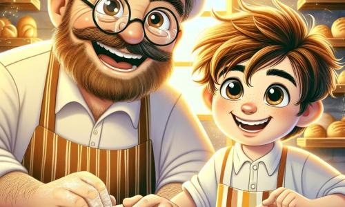 Un panettiere felice, Giovanni, un uomo di circa cinquant'anni con barba castana e occhiali rotondi, sorride ampiamente mentre impasta una pasta dorata. Indossa una camicia bianca e un grembiule a righe, e i suoi occhi brillano di felicità mentre lavora nel suo forno. Accanto a lui, Marco, un ragazzino di dieci anni con capelli castani disordinati e occhi curiosi, osserva attentamente. Indossa un piccolo grembiule troppo grande per lui e cerca di imitare Giovanni impastando una palla di pasta. Il forno è caldo e accogliente, con scaffali in legno pieni di pani dorati e deliziose brioche. Raggi di luce filtrano dalle finestre, illuminando la farina nell'aria e creando un'atmosfera magica. La scena mostra Giovanni e Marco che preparano insieme il pane, condividendo risate e gioia, mentre il dolce profumo del pane fresco riempie l'aria.