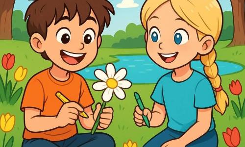 Un ragazzo di 10 anni, Mattia, con capelli castani in disordine e occhi scintillanti di curiosità, è seduto sull'erba verde del parco. Ha un ampio sorriso sul volto mentre disegna una margherita con petali bianchi brillanti e un cuore giallo vivo. Accanto a lui, la sua migliore amica Giulia, una ragazza di 10 anni con capelli biondi intrecciati e occhi blu, osserva il suo disegno con ammirazione, tenendo anche una matita colorata. Il parco è pieno di fiori colorati, con tulipani rossi e gialli che danzano nel vento, e un laghetto scintillante che riflette il cielo azzurro. La scena mostra Mattia e Giulia che condividono un momento gioioso, sussurrando desideri ai fiori mentre ridono, circondati dalla bellezza splendente della primavera.