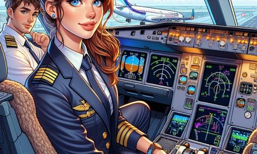 Una pilota, Sofia, è seduta nel cockpit di un Airbus A320, con un grande sorriso sicuro sul volto. Indossa una divisa da pilota blu scuro, con spalline dorate che brillano alla luce del cockpit. I suoi capelli castani sono raccolti in una coda di cavallo ordinata e i suoi occhi brillano di eccitazione. Accanto a lei c'è Marco, un uomo di circa 30 anni, il secondo pilota. Ha i capelli castani disordinati e indossa occhiali. Guarda lo schermo di controllo con un'espressione concentrata, pronto ad aiutare Sofia. Il cockpit è pieno di pulsanti colorati, schermi luminosi e quadranti lampeggianti, offrendo una vista panoramica sul cielo blu attraverso il grande oblò. All'esterno, nuvole bianche e soffici fluttuano attorno all'aereo, mentre un cielo soleggiato si estende a perdita d'occhio. La situazione principale mostra Sofia e Marco che ricevono un messaggio dalla torre di controllo che annuncia una tempesta sulla loro rotta. Sofia, con uno sguardo determinato, si prepara a prendere una decisione cruciale per garantire la sicurezza di tutti i passeggeri.