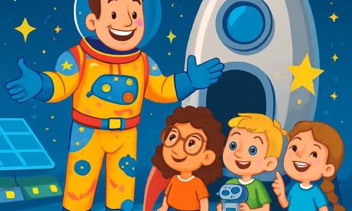 Un uomo, il Capitano Leo, sorridente e sicuro di sé, indossa una tuta spaziale brillante dai colori vivaci, con stelle e pianeti disegnati. Si trova davanti a un grande veicolo spaziale argentato, con le braccia aperte, pronto ad accogliere i bambini a bordo. Accanto a lui ci sono tre bambini: una ragazza di 8 anni con capelli ricci e occhiali, che osserva meravigliata il veicolo; un ragazzo di 7 anni, con capelli biondi e occhi brillanti, che tiene un piccolo robot giocattolo; e un'altra ragazza di 6 anni, con una treccia e un sorriso radioso, che indica le stelle nel cielo. Il luogo è una piattaforma di atterraggio futuristica, circondata da luci scintillanti e pannelli solari, con sullo sfondo un cielo stellato e pianeti colorati. La scena principale mostra il Capitano Leo che spiega con entusiasmo ai bambini come imbarcarsi, mentre ridono e si meravigliano davanti all'immensità dell'universo che li attende.