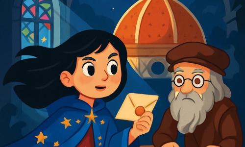 Una giovane donna, Isabella, si trova al centro della scena, i suoi lunghi capelli neri fluttuano nel vento. Indossa un magnifico cappotto blu ricamato di stelle dorate, e il suo viso esprime una determinazione coraggiosa. I suoi occhi brillano di eccitazione e preoccupazione mentre tiene in mano una lettera misteriosa. Accanto a lei, Leonardo da Vinci, un uomo di circa 60 anni con una lunga barba grigia e occhiali rotondi, osserva attentamente un antico piano. Indossa una tunica di velluto marrone e sembra pensieroso, piegato su un tavolo di legno decorato con schizzi. La scena si svolge sotto la maestosa cupola del Duomo di Firenze, dove raggi di luna filtrano attraverso le vetrate colorate, proiettando motivi luminosi sul pavimento di marmo. Ombre danzano intorno a loro, creando un'atmosfera sia magica che misteriosa. Isabella, con la lettera in mano, si prepara a svelare il segreto del sigillo magico, mentre Leonardo, concentrato, cerca di capire come proteggere la città dal pericolo imminente.
