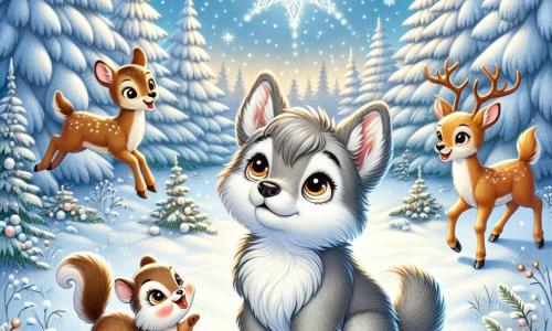 Un pequeño lobo llamado Lupi, con un suave pelaje gris y ojos brillantes de curiosidad, se encuentra en el centro de un claro en un bosque nevado, sonriendo con asombro mientras mira una brillante estrella de nieve en el cielo. A su derecha, un pequeño ciervo llamado Dany, con pelaje marrón y grandes ojos dulces, salta de alegría, sus astas delicadas brillando bajo la luz de la nieve. A la izquierda, una alegre ardilla llamada Sofía, con un pelaje rojo vivo y una cola esponjosa, danza alrededor de Lupi, llena de energía y felicidad. El lugar es un hermoso claro de bosque, rodeado de majestuosos árboles cubiertos de nieve brillante, con copos de nieve cayendo suavemente del cielo azul claro. La escena está llena de magia y alegría, capturando el espíritu del invierno. La situación principal muestra a Lupi y sus amigos cantando juntos, sus rostros iluminados por la luz de la estrella de nieve, celebrando la magia del invierno y la importancia de la amistad.