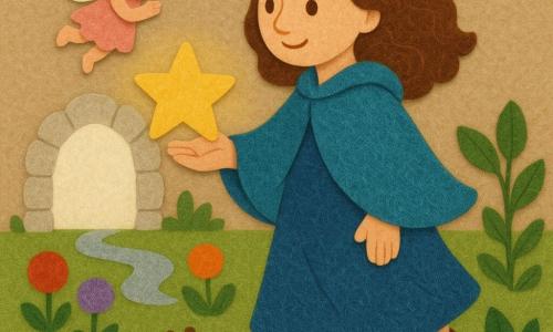 Mujer adulta llamada Lía, rostro dulce y sonrisa serena, ojos brillantes y cabello castaño ondulado, lleva una capa azul de fieltro y sostiene en la palma una pequeña estrella amarilla cálida que ilumina un jardín secreto; un hada niña muy pequeña con alas translúcidas con purpurina y vestido rosa vuela a la altura del hombro aplaudiendo; un caracol macho minúsculo con concha ocre-marrón en primer plano junto a los pies mira la luz con expresión agradecida; césped verde recortado en formas simples, flores redondas multicolores de fieltro, un riachuelo plateado estilizado y hojas grandes con bordes recortados; una pequeña puerta lunar nacarada, enmarcada en piedras suaves y abierta como un halo detrás de Lía; composición centrada, colores cálidos y contrastados, texturas de fieltro visibles, formas simples y legibles para un niño pequeño.