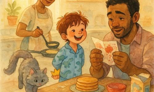 A joyful, slightly feverish 6-year-old boy with messy brown hair in blue dinosaur pajamas hides a small yellow paper crown behind his back while a gentle mother in a flour-dusted apron and bun pours pancake batter into a pan on the left; a surprised, moved father with stubble in a casual shirt sits on the right reading a crumpled, paint-stained card with little paw prints; a fluffy gray cat, Captain Whiskers, with red paint on one paw leaves bright red paw prints on the wooden table; the warm sunny kitchen has light tiled floors, a flour-covered table with bowls, stickers, open paint pots and a cereal box, and the scene centers on the giving of the card and discovery of the treasure basket—father reading emotionally, boy proud, mother smiling, family atmosphere sweet and joyful.