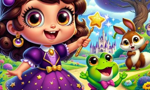 No centro da imagem, uma pequena aprendiz de bruxa chamada Lila, de seis anos, com grandes olhos brilhantes e cabelos cacheados castanhos, sorri entusiasticamente. Ela usa um vestido roxo adornado com estrelas douradas e segura uma varinha mágica em forma de graveto, fazendo um gesto de magia. Ao lado dela, o Sapo Sorridente, um pequeno sapo verde com um grande sorriso, salta alegremente, seus olhos redondos brilhando de travessura. Ao fundo, vemos Mimi, uma coelhinha de grandes orelhas e pelagem branca, que observa com admiração, e Tico, um esquilo de pelagem marrom, que aplaude com empolgação. O cenário é um parque mágico de Brilholândia, cheio de flores coloridas que dançam ao vento, árvores de troncos tortos e um céu azul brilhante salpicado de nuvens em forma de doces. Ao longe, uma grande árvore gigante se ergue majestosa, adicionando um toque de mistério ao ambiente. A cena principal mostra Lila realizando um feitiço para transformar sua vassoura em um veículo mágico, enquanto o Sapo Sorridente a incentiva com gestos entusiasmados, e os amigos Mimi e Tico observam maravilhados, prontos para viver uma aventura incrível.
