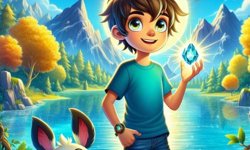 Um garoto de 12 anos, Lucas, está à beira de um lago cristalino, com os olhos brilhando de excitação e determinação. Ele tem cabelos castanhos bagunçados, uma camiseta azul viva e um short de jeans. Em sua mão, ele segura uma pedra brilhante que emite uma suave luz, simbolizando sua coragem. Ao seu lado, um travesso porquinho chamado Tico, um animal da floresta, com grandes orelhas e olhos brilhantes, observa Lucas com admiração. Tico está sentado sobre suas patas traseiras, pronto para ajudá-lo nesta aventura. Ao fundo, o lago brilha sob o sol, cercado por montanhas majestosas e florestas verdejantes. Árvores com folhas douradas dançam suavemente ao vento, enquanto pássaros coloridos voam no céu azul. A situação principal mostra Lucas e Tico se preparando para enfrentar um desafio misterioso, enquanto uma criatura sombria, Nocturnus, se ergue diante deles, desafiando-os a resolver um enigma para salvar o Reino das Sombras.