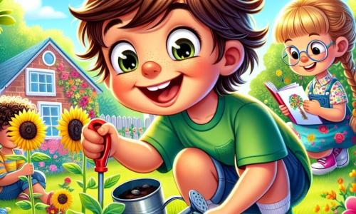Um menino de 6 anos, Lucas, com cabelos castanhos bagunçados e olhos brilhantes de alegria, está agachado em uma horta verdejante, segurando uma pequena pá de plástico. Ele sorri amplamente, com as bochechas rosadas de excitação, enquanto planta uma semente de girassol na terra negra e fértil. Ao lado dele, uma menina de 6 anos, Ana, com cabelos loiros trançados e um vestido florido, observa atentamente, segurando um regador cheio de água. Ao fundo, um menino de 6 anos, Miguel, com óculos redondos e uma camiseta verde, desenha flores em um caderno, sentado na grama macia. O lugar é uma horta comunitária ensolarada, repleta de plantas luxuriantes, flores vibrantes e borboletas voando ao redor. A cena principal mostra Lucas e seus amigos se divertindo plantando sementes e aprendendo sobre plantas, cercados por risos e cores vivas.