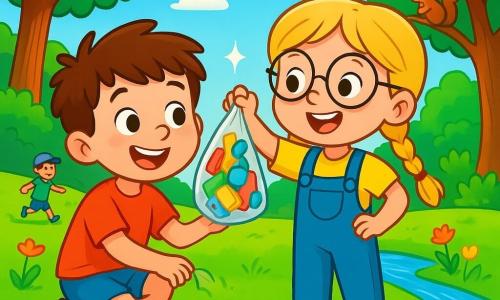 A 6-year-old boy, Max, with messy brown hair and sparkling curious eyes, is crouched on the green grass of the park, a big smile on his face, holding a plastic bag filled with colorful litter he just picked up. Next to him, his best friend Emma, a 6-year-old girl with braided blonde hair and round glasses, encourages him by holding up a shiny piece of trash she found, her face beaming with pride. The park is a sunny place filled with majestic trees with bright green leaves, colorful flowers, and a small stream sparkling under the sun. Children are playing in the distance, and a curious squirrel watches them from a branch. The main scene shows Max and Emma cleaning the park, surrounded by their friends, all smiling and engaged in a joyful mission to protect nature, while the clear blue sky adds a touch of happiness to their adventure.