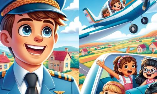 Die Hauptfigur, ein Mann namens Max, ist ein lächelnder Pilot, gekleidet in einer blauen Uniform mit einer glänzenden Mütze. Er hat braune Haare und funkelnde Augen vor Aufregung, während er in seinem kleinen Flugzeug steht, bereit zum Abheben. Im Inneren des Flugzeugs sind mehrere Kinder anwesend: Lisa, ein 8-jähriges Mädchen mit langen blonden Haaren und einer Brille, schaut fasziniert aus dem Fenster, während Emma, ein 9-jähriges Mädchen mit braunen Zöpfen, lächelt und die Arme in die Luft hebt, als wäre sie auf einer Achterbahn. Leo, ein 7-jähriger Junge mit zerzausten schwarzen Haaren, lacht laut und hält sich fest an seinem Sitz. Der Schauplatz ist ein strahlend blauer Himmel, durchzogen von weißen Wolken und der hellen Sonne, mit einem malerischen kleinen Dorf darunter, wo man bunte Felder und Häuser mit roten Dächern sehen kann. Die Hauptsituation zeigt Max, den Piloten, der sein kleines Flugzeug mit den aufgeregten und fröhlichen Kindern an Bord zum Abheben bringt, bereit für ihr erstes Abenteuer in den Lüften.