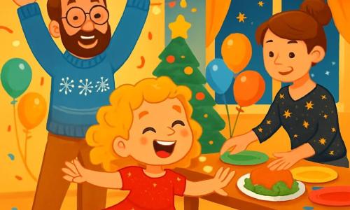 Een klein meisje van 6 jaar, met prachtige gouden krullen en een stralende glimlach, danst vrolijk in een kamer versierd voor Oud en Nieuw. Ze draagt een sprankelende rode jurk met glitters die schitteren onder de lichten. Haar ogen stralen van opwinding en geluk. Naast haar staat haar papa, een man van in de dertig met een zachte baard en ronde bril, die zijn armen in de lucht steekt, lachend van trots en vreugde. Hij draagt een blauwe trui met sneeuwvlokmotieven. Haar mama, een glimlachende vrouw van in de dertig met kastanjebruin haar in een knot, decoreert de tafel met kleurrijke borden en ballonnen. Ze draagt een feestelijke blouse met gouden sterren. De kamer is gevuld met glinsterende slingers, kleurrijke ballonnen en een grote tafel in het midden, vol heerlijkheden en confetti. Helder licht verlicht de ruimte en creëert een warme en feestelijke sfeer. Het meisje, vol energie, draait rond met haar armen wijd open, klaar om Oud en Nieuw te vieren met haar familie, omringd door gelach en geluk.