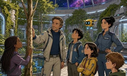Duarte, cerca de 40 anos, rosto sereno com cabelos castanhos grisalhos, veste uma roupa espacial leve aberta sobre um suéter e sorri enquanto estende a mão para um pequeno tronco; Lia, ~30 anos, pele clara, cabelo preso em coque e uniforme com crachá 