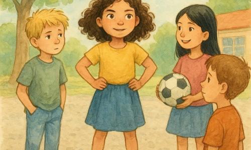 Ein 8-jähriges Mädchen, Lina, mit braunen, lockigen Haaren, trägt leuchtend rote Schuhe. Sie hat einen entschlossenen und selbstbewussten Ausdruck, ihre Augen strahlen vor Mut. Sie steht in der Mitte des Schulhofs, umgeben von Kameraden. Ein 8-jähriger Junge, Jonas, mit zerzausten blonden Haaren, steht ein paar Schritte von Lina entfernt. Er wirkt nachdenklich und leicht verlegen, die Hände in den Taschen seiner Hose. Ein 8-jähriges Mädchen, Mia, mit glatten schwarzen Haaren, steht neben Lina, lächelnd und ermutigend, und hält einen Fußball. Die Szene spielt sich auf einem Schulhof ab, mit grünen Bäumen im Hintergrund und einem klaren blauen Himmel. Der Boden ist mit Kies bedeckt und Sonnenstrahlen erhellen die Szene, was eine warme und einladende Atmosphäre schafft. Die Hauptsituation zeigt Lina, umgeben von ihren Freunden, die selbstbewusst spricht, um ihre roten Schuhe zu verteidigen, während die anderen Kinder ihr aufmerksam zuhören und einen unterstützenden Kreis um sie bilden.