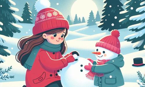Twee meisjes, Liza en Noor, staan in het midden van de scène. Liza, 7 jaar oud, heeft lang bruin haar en draagt een felrode jas met een bijpassende muts. Ze zit op haar hurken en rolt een grote sneeuwbal. Noor, ook 7 jaar, heeft blond haar en draagt een blauwe jas met roze handschoenen. Ze staat naast Liza, glimlachend, met een kleine sneeuwbal klaar om te gooien. De achtergrond is een betoverend winterlandschap. De sneeuw bedekt de grond als een zachte witte tapijt, en sneeuwvlokken vallen zachtjes uit de heldere blauwe lucht. In de verte staan groene dennenbomen, hun takken bedekt met glinsterende sneeuw onder de winterzon. De belangrijkste situatie toont Liza en Noor die samen een vrolijke sneeuwman bouwen. Ze voegen een wortel toe als neus en een oude zwarte hoed op het hoofd van de sneeuwman, terwijl ze lachen en plezier hebben, en onvergetelijke winterherinneringen creëren.