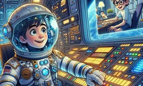 Ein Astronaut namens Markus schwebt im Kontrollraum der Raumstation Alpha-7 mit einem strahlenden Lächeln im Gesicht. Er trägt einen weißen Raumanzug mit blauen Akzenten und einen durchsichtigen Helm, der die Sterne reflektiert. Seine Augen leuchten vor Aufregung, während er ein Bedienfeld anpasst, umgeben von bunten Tasten und blinkenden Lichtern. Auf dem Bildschirm vor ihm erscheint Tim, ein zehnjähriger Junge mit zerzausten braunen Haaren und runden Brillen. Er sitzt in seinem Zimmer, umgeben von Postern von Planeten und Raketen, mit weit aufgerissenen Augen voller Staunen, während er Markus mit einem breiten Lächeln anfeuert. Die Szene spielt sich in der futuristischen Raumstation ab, mit silbernen Metallwänden, Fenstern mit atemberaubendem Blick auf die blaue Erde darunter und funkelnden technologischen Instrumenten. Markus repariert ein defektes Signal an einem Bedienfeld, während Tim ihm über das Video viel Glück wünscht und einen magischen Moment der Verbindung zwischen dem Weltraum und der Erde schafft.
