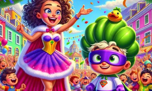 Superpompón, una mujer sonriente con cabello rizado y una capa de peluche rosa, se encuentra en el centro del escenario, con los ojos brillantes de emoción y una gran sonrisa. Lanza una tarta colorida al aire, rodeada de confeti. A su lado, Croquetón, un niño torpe de unos 10 años, lleva un disfraz de supervillano morado en forma de verduras, con una expresión cómica, mientras un pato travieso se posa en su cabeza, provocando risas a su alrededor. La escena tiene lugar en una plaza animada de la ciudad de Risas Altas, con edificios coloridos, niños riendo y jugando, y globos flotando en el cielo azul. Los árboles con hojas verdes vibrantes rodean la plaza, creando una atmósfera alegre y festiva. En esta situación, Superpompón intenta salvar el día lanzando una tarta a Croquetón, quien accidentalmente ha causado un caos cómico con su rayo atrapanarices, mientras los niños ríen ante este espectáculo hilarante.