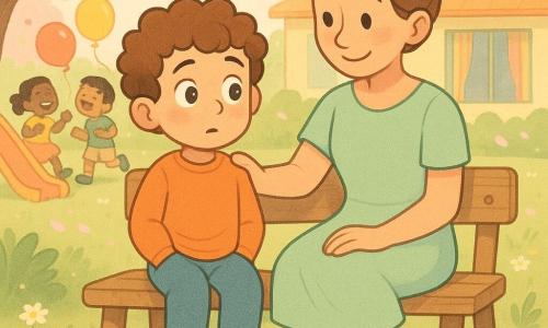 Băiat de 6 ani, păr șaten ondulat, pantofi roșii, mâinile în buzunare, expresie între surprinsă și liniștită, ochi mari sclipitori, așezat pe o bancă de lemn; femeie adultă ~30 ani, educatoarea Maria, păr șaten prins în coc, rochie mentă, mâna pe umărul băiatului, zâmbet calm și privire binevoitoare, așezată lângă el; pe fundal doi copii (~6 ani, băiat și fată) încețoșați, râd și se joacă cu baloane colorate lângă un mic tobogan; loc: bancă sub un măr în floare, petale roz plutind, soare blând de primăvară, iarbă verde presărată cu margarete, în depărtare o sală polivalentă colorată cu perdele în dungi; situație: moment de liniște după o surpriză, atmosferă caldă și pașnică, paletă pastel (roz, mentă, galben pal), linii moi, iluminare caldă, expresii clare și forme mari simple pentru copii.