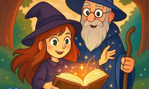 Elara, a 12-year-old young witch, stands in the center of an enchanted clearing, her long auburn hair floating in the breeze. Her emerald eyes shine with excitement and determination as she holds an ancient grimoire open before her, its pages illuminated by a soft golden light. Beside her, Master Lyron, a wise man around 50 with a long gray beard and round glasses, watches closely with a kind smile. He wears a wizard's robe adorned with star patterns and holds a carved wooden staff, ready to assist her. The clearing is surrounded by majestic trees with thick trunks and shimmering leaves, bathed in the light of the setting sun. Luminescent flowers emit a gentle glow, creating a magical atmosphere. Focused, Elara begins to chant a light spell, magical energy sparks dancing around her, while Master Lyron encourages her with a proud look.
