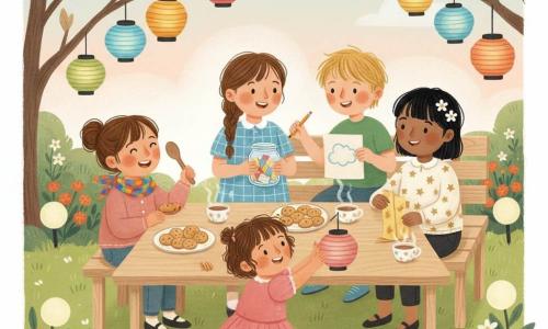Five children in a small neighborhood park at dawn: Lina (5) in a blue check-pattern dress with a brown braid, holding a small glass jar of folded colorful wishes at the center; Asha (5) in a cream shirt dotted with gold stars and two white flowers in her black hair, folding a paper lantern to Lina’s right; Noor (5) with a colorful neck scarf and hair in a bun, holding a wooden spoon and laughing by a plate of cookies to Lina’s left; Mimi (4–5) in a ruffled pink dress with short curly hair, waving a small hanging lantern in front of Lina, slightly crouched; and a new friend, a 6-year-old boy in a green T-shirt with tousled blond hair, offering a pencil to Lina and showing a drawing of a cloud while sitting on the bench behind them. Scene: morning in a mown grassy park with a light wooden table of cookies and steaming tea cups, paper lantern garlands hanging from magnolia branches, globe solar lights, flower beds of marigolds and jasmines, pale sunrise sky. Main action: children sharing cookies and placing folded wishes into the central jar, lanterns swaying in the breeze, joyful expressions and sharing gestures, flour-dusted fingers. Visual style: soft gouache palette of warm ochres, cerulean blue and salmon pink, visible brush textures, slightly blurred outlines and childlike strokes to emphasize tenderness.