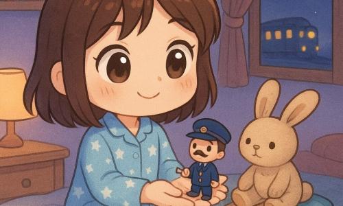 A joyful, dreamy 12-year-old girl with mid-brown straight hair and a stray lock, big bright eyes and rosy cheeks, in light-blue star-pattern pajamas, holds a tiny 2–3 cm chibi train conductor in her palm and smiles as she builds an improvised “platform” of cushions and blankets for him; the tiny conductor wears a navy uniform and cap, has a minuscule mustache and curious eyes, holds a tiny punch and inspects like a station, sitting by a pile of cushions; a worn beige plush rabbit named Captain Flop sits on a cushion as “security” with its head tilted and paw on a book; the cozy nighttime bedroom has soft lavender walls, an open window showing a distant train with blurred yellow lights, shelves of colorful books, an ajar bed drawer with messy socks, a folded blanket platform and a bedside lamp casting warm light; overall centered composition, pastel colors, visible textures (fabric, wool, wood), warm, reassuring expression and dim nighttime lighting.
