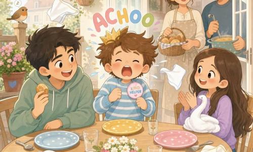 An 8-year-old boy with a round face and messy light-brown hair wearing a slightly crooked paper crown sneezes loudly with a big colorful ACHOO visible while holding a small KIND HELPER badge; his ~11-year-old sister with long brown hair and a mischievous smile sits to his right applauding with a towel folded into a swan on her lap, and his ~13-year-old brother with short dark hair sits to his left grinning and holding a small roll; parents appear in the background as caring silhouettes smiling and holding a bread basket and ladle of soup near an open patio door; setting: sunlit wooden terrace, round light-wood table, floating white napkins, colorful plates, a low fence with a bird on the picket and flower pots; main scene: warm, comic moment—family laughing during an outdoor lunch as the boy’s big sneeze sparks collective laughter, bright pastel colors, simple kawaii-style features and exaggerated expressions.