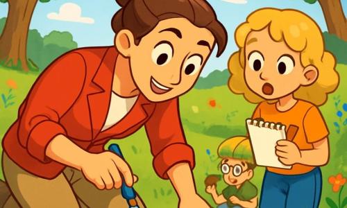 An archaeologist, a woman in her thirties with brown hair tied in a bun, wears a bright red jacket and beige pants. Her face shows wonder and concentration as she gently leans over a small hole in the ground, holding a brush in one hand and a trowel in the other. Next to her, a ten-year-old girl with curly blonde hair watches with wide eyes, holding a notebook and pencil, ready to draw what she sees. In the background, a nine-year-old boy with glasses and a green t-shirt kneels by a pile of stones, carefully examining a small piece of pottery he found. The setting is a vast green meadow dotted with colorful wildflowers, under a clear blue sky with a few floating white clouds. Majestic trees line the field, providing shade and a sense of mystery. The main scene shows the archaeologist discovering an ancient terracotta object, a look of awe on her face, while the girl enthusiastically takes notes and the boy exclaims joyfully with his find. The atmosphere is filled with curiosity and excitement, as if the past is revealing itself before their eyes.