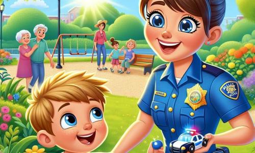 In the foreground, a young police officer, Officer Lily, is a smiling woman about 25 years old, with brown hair tied in a bun and wearing a bright blue uniform that shines in the sun. She has a sparkling badge on her chest and a joyful, encouraging expression on her face as she helps a child. Next to her, Tommy, a 7-year-old boy with messy blonde hair and a red t-shirt, looks at Officer Lily with admiration. He holds a small toy police car in his hands and smiles enthusiastically at the officer. The scene takes place in a green park in Sunnyville, with vibrant trees, colorful flowers, and a gravel path. In the background, families can be seen strolling and children playing on swings. The main situation shows Officer Lily and Tommy helping an elderly lady, Mrs. Green, carry a large basket of apples. Mrs. Green, an elderly woman with gray hair and a warm smile, stands beside them, visibly grateful. The atmosphere is joyful and friendly, filled with bright colors and sunlight.