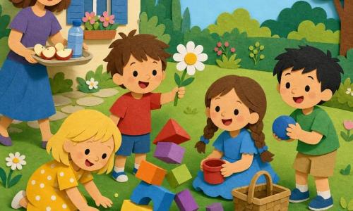 Ci sono quattro bambini di circa 4 anni: Emma, bionda con capelli corti e vestito giallo a pois, in primo piano a sinistra che tocca l'erba; Leo, moro con capelli scompigliati e maglietta rossa, al centro sinistro che tiene una grande margherita bianca; Sara, castana con due trecce e vestito blu, seduta a centro destra con un secchiello rosso vicino al cestino; Tommi, capelli neri corti e maglietta verde, a destra in piedi con una pallina blu. Sono in un giardino estivo luminoso con prato verde in stile carta ritagliata, qualche fiore colorato, un vialetto di pietre beige e una casa sullo sfondo con muro crema e persiana azzurra sotto un cielo chiaro con sole giallo in alto a destra. I quattro giocano insieme costruendo una torre di cubi colorati che sta per cadere; una mamma porta un piatto con pezzi di mela e una bottiglia d'acqua; una piccola farfalla bianca e arancione svolazza sopra di loro; atmosfera gioiosa, colori vivaci, forme semplici e ombre morbide in stile collage.
