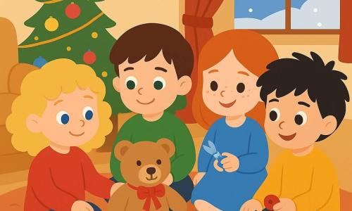 Il y a quatre enfants : Zuzia, dziewczynka w wieku 3 lat, z kręconymi blond włosami i niebieskimi oczami, nosi czerwony sweter i siedzi po lewej stronie, trzymając pluszowego misia. Antek, chłopiec w wieku 3 lat, z krótkimi brązowymi włosami i zielonymi oczami, nosi zielony sweter i siedzi obok Zuzi, uśmiechając się do pluszaka. Lena, dziewczynka w wieku 3 lat, z rudymi włosami i piegami, nosi niebieską sukienkę i siedzi po prawej stronie, trzymając małe nożyczki. Franek, chłopiec w wieku 3 lat, z rozczochranymi czarnymi włosami i brązowymi oczami, nosi żółty sweter i siedzi obok Leny, trzymając czerwony guzik. Miejsce to przytulny i świąteczny salon z dużą choinką ozdobioną światełkami i kolorowymi bombkami. Na podłodze leży miękki dywan, a przez okno widać, jak pada śnieg. Główna sytuacja przedstawia czwórkę dzieci siedzących w kręgu wokół pluszowego misia, którego właśnie wspólnie zrobili. Miś ma czerwoną kokardę na szyi i czerwony guzik jako nos. Dzieci są radosne i uśmiechnięte, otoczone materiałami do rękodzieła, takimi jak kawałki tkanin i kolorowe wstążki.
