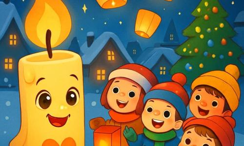Uma pequena vela sorridente, chamada Clarinha, com um coração de cera brilhante e um pavio dançante, ilumina a noite de Natal com um brilho caloroso e alegre. Seus olhos brilhantes e seu sorriso acolhedor transmitem uma emoção de felicidade e magia. Ao lado dela, um grupo de crianças com rostos redondos e alegres, usando cachecóis coloridos e gorros de lã, se aproxima com lanternas de papel. Elas têm olhos deslumbrados e sorrisos radiantes, prontas para fazer desejos. O cenário é uma encantadora cidade coberta de neve, com casas de telhados cobertos de neve cintilante, luzes penduradas nas janelas e uma grande árvore de Natal iluminada no centro da praça. A cena mostra Clarinha cercada pelas crianças, que lançam lanternas coloridas no céu estrelado, cheias de excitação e esperança, enquanto a neve cai suavemente ao redor, criando uma atmosfera mágica e festiva.