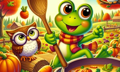 O personagem principal é um pequeno sapo verde, o Senhor Sapo, com grandes olhos redondos e um largo sorriso, pulando alegremente em seu jardim colorido, cercado por legumes de outono. Ele segura um grande rolo de madeira em uma mão e uma cenoura na outra, demonstrando seu entusiasmo pela culinária. Perto dele, a Dona Coruja, uma coruja marrom com penas macias e óculos redondos, observa com olhos brilhantes de curiosidade, empoleirada em um galho, pronta para provar a sopa. O local é um jardim luxuriante da fazenda, banhado pela luz dourada do sol de outono, com árvores de folhas vibrantes de vermelho e laranja, e hortas cheias de abóboras e cenouras. A cena principal mostra o Senhor Sapo preparando uma grande sopa de outono, cercado por seus amigos animais, todos ansiosos para compartilhar uma refeição calorosa e amigável sob o céu azul claro.