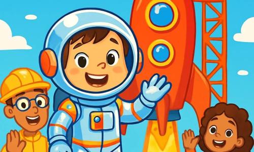 O tânără astronaută, Paula, cu un zâmbet larg și ochi strălucitori de emoție, poartă un costum spațial strălucitor și colorat, cu reflexii argintii, în timp ce stă în fața unei rachete roșii aprinse, pregătită să decoleze. Lângă ea, ingineri zâmbitori, un bărbat de aproximativ 30 de ani cu ochelari și o șapcă, și o femeie de aproximativ 25 de ani cu părul creț, îi fac cu mâna, având fețe vesele și încurajatoare. Fundalul arată un cer albastru strălucitor, presărat cu nori albi pufoși, și o platformă de lansare înconjurată de panouri solare strălucitoare. Scena reprezintă momentul în care Paula se pregătește să urce în racheta ei, plină de entuziasm pentru călătoria sa printre stele.