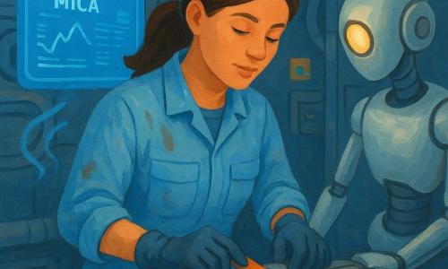 O femeie, Lia, în centrul scenei, concentrată și senină, față ovală, păr șaten prins în coadă de cal, combinezon de lucru bleu pătat de grăsime, mâini mănușate aplicând o bandă de etanșare pe o mică joncțiune metalică care picura; un robot de serviciu subțire, argintiu, fără gen, cu brațe articulate și lampă rotundă pe cap stă în dreapta ei, proiectând o lumină caldă; naveta „Speranța Mică” sugerată printr-o consolă holografică albastră (Miri) plutind în stânga, cu grafice luminoase și voce virtuală reprezentată prin unde de lumină; interiorul unei stații de balize spațiale cu pereți metalici circulare, inele suprapuse, țevi, panouri și autocolante colorate; un mic compartiment tehnic deschis cu un panou demontat și o bandă de etanșare strălucitoare pregătită; atmosferă calmă și atentă, tonuri albastre și gri contrastate de accente calde portocalii și verzi, cadru în plan apropiat pentru a evidenția gesturile precise și expresiile.