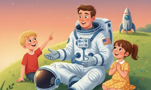 A smiling, awestruck male astronaut in a shiny white suit with blue accents, helmet beside him, sits on soft grass with his hands open as if telling a story; to his right is Lily, about five, brown hair in a ponytail wearing a yellow polka-dot dress with hands clasped to her chest and an amazed look, and to his left is Max, about six, short blond hair in a red t-shirt, laughing and pointing at the sky; behind them on a hill rests a small silver rocket with metallic shine, and the scene is a green meadow at dusk with textured grass, colorful wildflowers, a sky gradient from orange-pink to night blue with the first stars, soft warm magical lighting from above, long shadows and gently saturated colors, composition centered on the astronaut and children with a slight bird’s-eye perspective to emphasize closeness and intimacy.