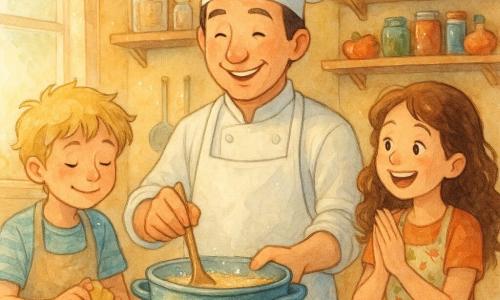Un uomo, Chef Matteo, sorridente e caloroso, sta cucinando in una cucina luminosa. Indossa un grembiule bianco e un cappello da chef, i suoi occhi brillano di gioia. Accanto a lui, una bambina di 10 anni, Giulia, con un grembiule a fiori, applaude gioiosamente. Ha i capelli castani e ricci, e si trova alla sua destra. Un ragazzo di 12 anni, Luca, con capelli biondi spettinati, sbuccia patate canticchiando. È a sinistra di Matteo. La cucina è piccola ma inondata di luce, con finestre aperte che lasciano entrare il sole. Mensole in legno sono piene di vasetti di spezie colorate e verdure fresche. La scena principale mostra Matteo mentre mescola ingredienti in una grande pentola, creando un'atmosfera di complicità e creatività culinaria.