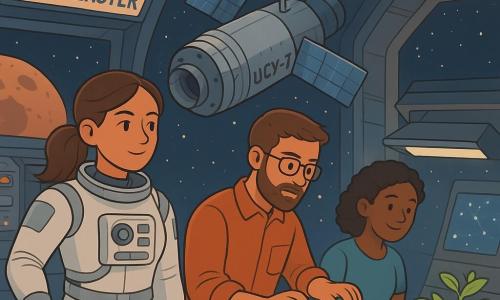 Kapitein Noor, een vrouwelijke astronaut, staat op de loopbrug van haar ruimteschip, de Morgenster. Ze heeft een geconcentreerd en sereen gezicht, met bruin haar in een paardenstaart. Ze draagt een witte ruimtepak met zilveren details en haar ogen stralen een kalme vastberadenheid uit. Naast haar staat Jari, een 35-jarige technicus met een korte baard en een bril, die aandachtig kabels controleert. Hij buigt zich lichtjes over een bedieningspaneel, geconcentreerd. Amaya, een 30-jarige biologe, staat een paar stappen verder en observeert planten onder kunstlicht met een zachte en nieuwsgierige glimlach. De scène speelt zich af binnenin het ruimteschip, met metalen muren versierd met knipperende lichten en grote schermen die sterrenkaarten tonen. De hoofdsituatie toont de bemanning bezig met het repareren van de oude satelliet LUCY-7, zwevend in de ruimte, omringd door een veld van fonkelende sterren en een rotsachtige planeet op de achtergrond.