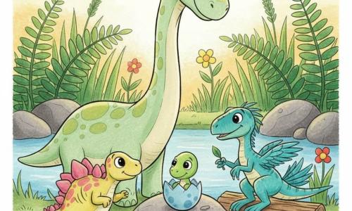 A gentle, friendly long-necked pale-green spotted diplodocus with round bright eyes and a tender smile watches over a small blue egg on a rock, while a colorful stegosaurus with pink and yellow plates stands left, curious and smiling, and a slender turquoise-feathered raptor sits on a log right, softly humming and offering a small leaf; the pond setting has green ferns, smooth rocks, tall grass and simple flowers in warm golden sunset light as the egg hatches and a shy baby dinosaur emerges, all the adults nearby protective and calm in a safe, warm atmosphere.