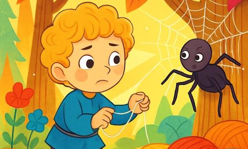 El Petit Poucet, un niño de cabello rizado y dorado, lleva una túnica azul y pantalones de tela. Tiene una mirada decidida pero algo inquieta mientras sostiene un delicado hilo plateado en sus manos. A su lado, una vieja araña de cuerpo negro y patas finas teje una tela brillante, observando al Petit Poucet con ojos sabios y alentadores. El lugar es un bosque encantado, donde los árboles tienen troncos en forma de agujas y hojas de tela colorida que brillan al sol. El suelo está cubierto de madejas de hilo, creando un paisaje de colores vivos. La situación principal muestra al Petit Poucet tirando suavemente del hilo plateado, mientras la luz del sol filtra a través de las ramas, iluminando su rostro con un destello de esperanza. Las flores de tela a su alrededor parecen bailar al ritmo del viento, añadiendo un toque de magia a esta escena cautivadora.