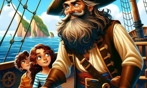 Un hombre, el Capitán Rodrigo Barbaazul, se encuentra orgullosamente en la cubierta de su barco, el Viento Valiente. Tiene una barba espesa y ojos azules llenos de emoción. Su rostro está marcado por arrugas del sol y lleva un sombrero de pirata adornado con plumas de colores. Sonríe con determinación, sosteniendo firmemente el timón del barco, listo para enfrentar la aventura. A su lado, una joven llamada Marina, de unos 12 años, está concentrada en un mapa antiguo. Tiene el cabello rizado y castaño, y lleva una camisa a rayas y pantalones de tela. Se inclina sobre el plano, con los ojos brillantes de inteligencia, mientras señala una isla misteriosa en el mapa. Un joven, Tomás, de unos 10 años, se encuentra un poco más atrás, con los ojos abiertos de curiosidad. Tiene una cicatriz en la mejilla y lleva un chaleco de cuero desgastado. Observa atentamente al capitán, listo para aprender y seguir sus instrucciones. El lugar es un barco pirata navegando en un mar tranquilo, con un cielo azul salpicado de nubes blancas. La cubierta de madera está decorada con cuerdas y velas blancas, mientras que gaviotas vuelan por encima, añadiendo vida a la escena. La situación principal muestra al capitán y su equipo preparándose para una gran aventura, escudriñando el horizonte en busca de la isla misteriosa, mientras la emoción y la anticipación flotan en el aire.