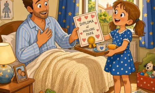 Ci sono due personaggi principali: Nina, bambina di 8 anni con capelli castano chiaro raccolti in codini, vestito a pois blu, ginocchia leggermente sporche, che tiene un vassoio con una tazza, una ciotola di succo d'arancia e un diploma decorato con cuori; è sul bordo del letto a destra, raggiante; Marco, padre di 38 anni con capelli corti castani e barba di qualche giorno, in pigiama a righe azzurro chiaro, seduto sul letto centro-sinistra, sorpreso e commosso, una mano sul petto e l'altra pronta a prendere il diploma. Luogo: una camera luminosa di mattina con grandi finestre aperte che lasciano entrare un raggio di sole, tende a stelle, coperta di maglia color crema, comodino con lampada rotonda e foto incorniciata, alcuni giocattoli e fogli sparsi a terra. Situazione: momento tenero di sorpresa — la bambina porta in silenzio il vassoio con il diploma "Super Papà" e una coccarda dorata, il padre si sveglia e scopre la sorpresa; espressioni chiare, emozioni dolci, colori caldi e composizione centrata sul contatto visivo e sul diploma in primo piano.