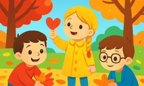 Ci sono 3 personaggi: - Luca: un ragazzo di 7 anni, con capelli castani e occhi scintillanti. Indossa un maglione rosso e un jeans. Sta raccogliendo foglie a terra, tutto sorridente. - Giulia: una ragazza di 6 anni, con lunghi capelli biondi intrecciati e un bel cappotto giallo. Tiene in mano una foglia a forma di cuore, meravigliata dalla sua bellezza. - Marco: un ragazzo di 7 anni, con capelli castani e occhiali. Indossa una giacca blu e una maglietta verde. È accovacciato, osservando una foglia a forma di stella che ha appena trovato. La scena principale si svolge in un parco autunnale splendido, pieno di alberi maestosi con foglie rosse, gialle e arancioni. Il terreno è coperto di foglie cadute, creando un tappeto colorato. In lontananza si intravede un cielo azzurro chiaro punteggiato di nuvole bianche e soffici. I tre amici si divertono a raccogliere foglie colorate per creare un grande quadro, circondati dalla bellezza della natura, ridendo e condividendo la loro gioia mentre scoprono le meraviglie dell'autunno.