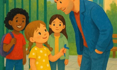 Quattro personaggi davanti alla scuola materna: Arianna, circa 5 anni e mezzo, capelli castano chiaro in due trecce, vestito giallo a pois bianchi, al centro davanti alla cancellata verde, porge un piccolo nastro blu al papà; il padre, circa 35 anni, carnagione chiara, capelli corti castano scuro, giacca blu e jeans, è all'esterno della cancellata con un passo indietro, mani in parte nelle tasche, sguardo dolce e leggermente chino verso di lei; Sara, circa 6 anni, capelli ricci neri, maglietta rossa, sorride tenendo uno zainetto a sinistra di Arianna; Leila, circa 6 anni, capelli lunghi castani, cardigan verde chiaro, osserva calma a destra. Ambientazione: davanti a una cancellata metallica verde, marciapiede chiaro, panchina sullo sfondo, edifici crema e cielo mattutino con luce soffusa; atmosfera calda e intima, gesto affettuoso tra bambina e padre, palette con tinte calde per i personaggi e verdi per lo sfondo, texture di pittura acrilica con pennellate morbide.