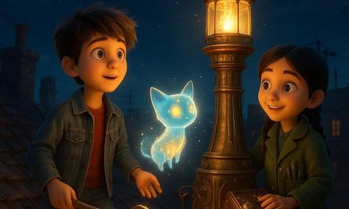 Hay tres personajes: Lucas, niño de 11 años con cabello castaño despeinado, chaqueta vaquera gastada y zapatillas rojas, sostiene una gran llave metálica brillante a la izquierda, con mirada asombrada hacia la luz; Elena, niña de 10 años con el cabello negro en dos trenzas, abrigo verde con bolsillos llenos de herramientas, a la derecha con una mano sobre un panel de control de cobre, sonriente y concentrada; y una pequeña criatura luminosa no humana del tamaño de un gato, cuerpo translúcido que pulsa en azul y dorado, flotando entre ellos y emitiendo chispas como luciérnagas. Escena en la azotea de un edificio antiguo de un barrio urbano de noche: tejas irregulares, chimeneas de ladrillo, letreros de neón a lo lejos, una farola de hierro forjado en el suelo, cables cruzados y un cielo estrellado con nubes tenues. Los niños activan un gran faro esculpido en metal y vidrio: placas de cobre encajan, hilos luminosos despiertan y un rayo cálido y dorado se eleva al cielo; texturas realistas (metal envejecido, tela, ladrillo) combinadas con efectos luminosos mágicos (polvo de estrellas, halos), ambiente cálido, curioso y mágico, composición centrada en el faro con los rostros iluminados por su resplandor.