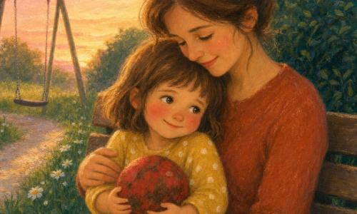 Bambina di 4 anni, capelli castani a caschetto, vestito giallo a pois bianchi con due tasche, volto arrossato di vergogna ma occhi lucenti di sollievo, seduta contro la mamma abbracciandola; tiene una piccola palla rossa fangosa. La mamma, circa 32 anni, capelli castani raccolti in un morbido chignon, sorriso dolce e sguardo benevolo, seduta su una panchina di legno dietro di lei con un braccio protettivo intorno. Accanto, la Palla Sole — palla tonda rossa macchiata di terra — sul grembo della bambina. Sullo sfondo un parco al crepuscolo con prato verde punteggiato di margherite, un grande cespuglio verde scuro e un’altalena vuota a sinistra; a sinistra un sentiero ciottolato chiaro che cattura la luce rosa della sera. Atmosfera calda, colori pastello densi: giallo tenue, rosso aranciato, verde tenero, rosa cipria. Composizione centrata e intima, focus su volti e abbraccio; texture pastello visibili, contorni morbidi e leggermente sfumati.