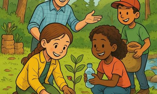 An 8-year-old girl, joyful and focused, with chestnut braided hair, green pants and yellow jacket, knees a bit dirty, kneeling and planting a small sapling with a wooden trowel; Mr. Green, a smiling kind adult teacher with short gray hair and a checkered shirt, stands by a large oak giving instructions; a curly-haired classmate girl about 8 offers a small water bottle while crouching beside the main girl; a classmate boy about 8 wearing a red cap holds a bag of soil, laughing softly near a stream in the background; a red-and-black ladybug sits on a leaf near the girl's hands; the setting is a sunny clearing in a pine and oak forest with green grass, leaf litter, a sparkling stream with mossy stones and stacked sapling bags; a warm, active tree-planting scene with cooperative gestures, smiles, fresh soil and sunbeams, bright colors, soft textures, Franco-Belgian comic style with clean outlines and exaggerated child-friendly expressions.
