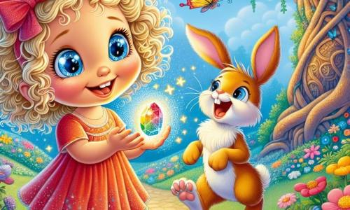 Ein kleines Mädchen von 1 Jahr mit lockigem, blondem Haar und großen, neugierigen Augen steht lächelnd und fasziniert im Mittelpunkt des Bildes und hält einen bunten Zauberstein in ihren kleinen Händen. Rechts von ihr springt ein süßer roter Hase mit großen Ohren und einem schelmischen Lächeln fröhlich in die Luft, bereit zu spielen. Die Kulisse ist ein verzauberter Garten, gefüllt mit bunten Blumen, großen, knorrigen Bäumen und Schmetterlingen, die umherfliegen, unter einem strahlend blauen Himmel. Die Szene zeigt das Mädchen und den Hasen, die zusammen lachen, während sie eine magische Welt voller Überraschungen entdecken, mit Lichtblitzen und lebhaften Farben, die die Atmosphäre fröhlich und verspielt machen.